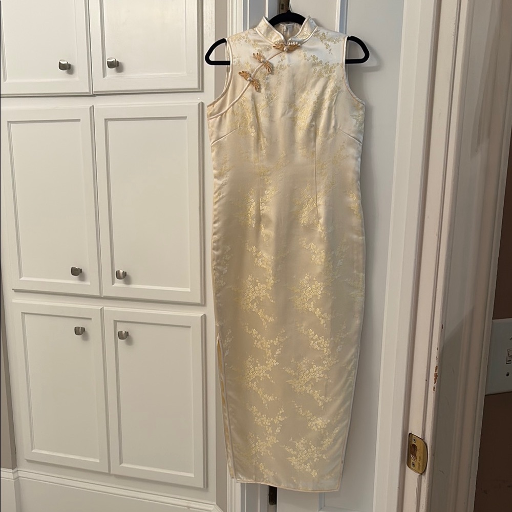 Ivory Satin Brocade Mandarin Collar Midi Dress